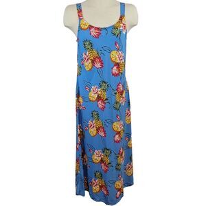 Hilo Hattie Dress Womans Large Blue Maxi Hawaiian Floral Pineapple Tropical